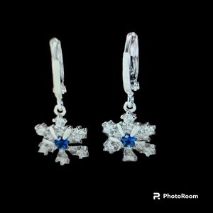 Blue Rhinestone Snowflake Drop Earrings Hinge Back Winter Holiday Christmas NWT